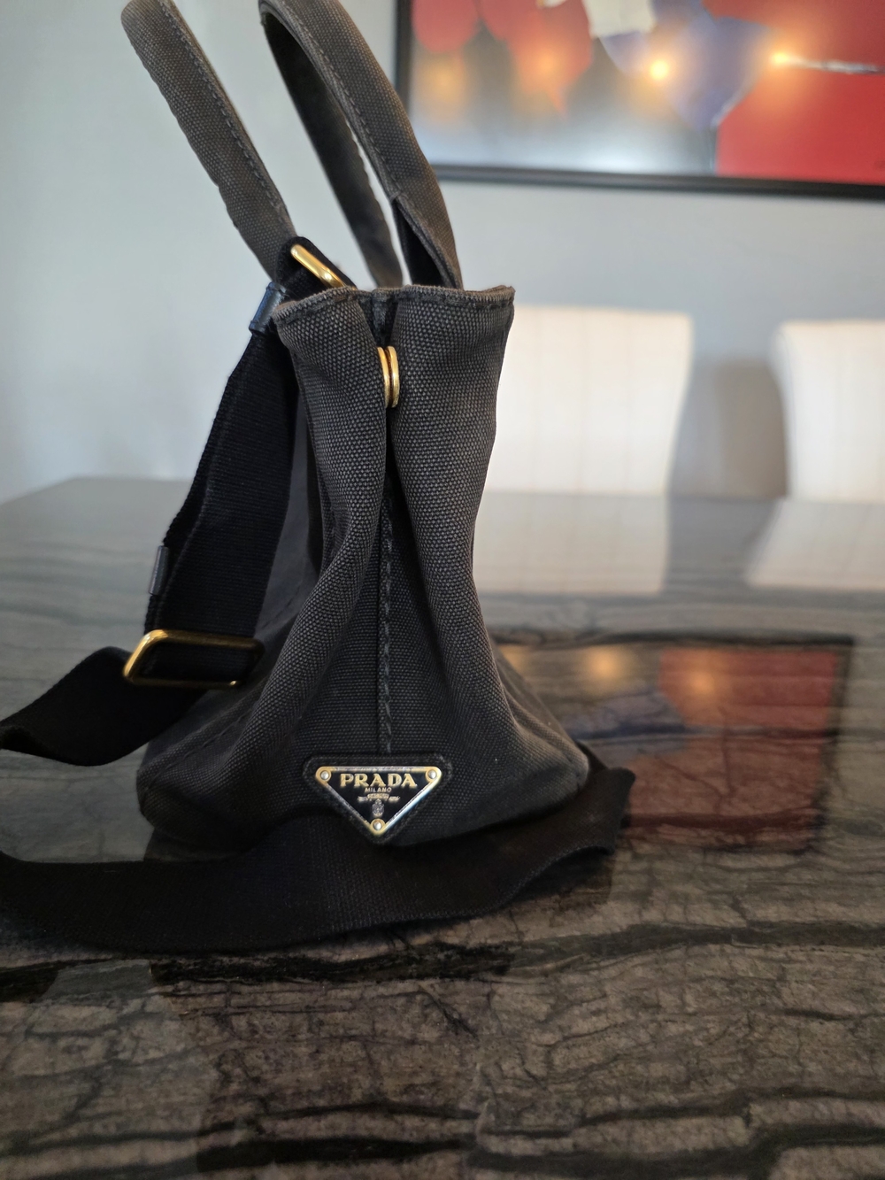 Authentic PRADA Canapa Black Canvas 2-Way Shopping Hand Shoulder Bag Purse - Picture 4 of 16
